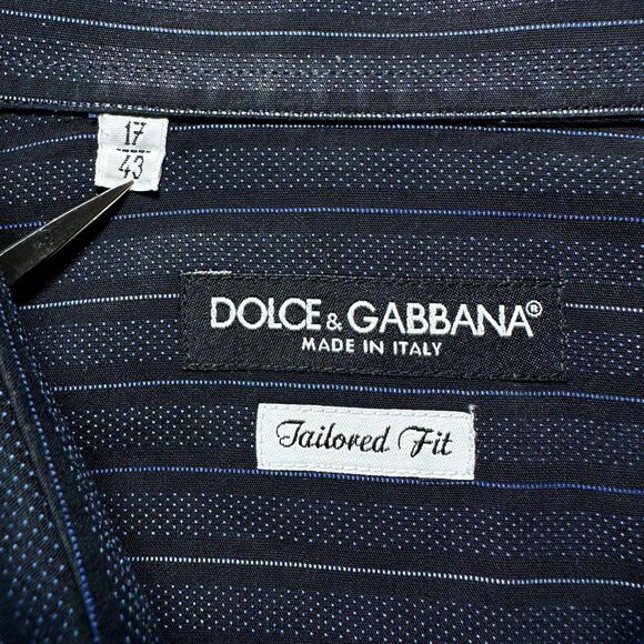 DOLCE & GABBANA Shirt Striped Blue Black Cotton Slim Fit Dress 43 / US17 / Large - Picture 4 of 13